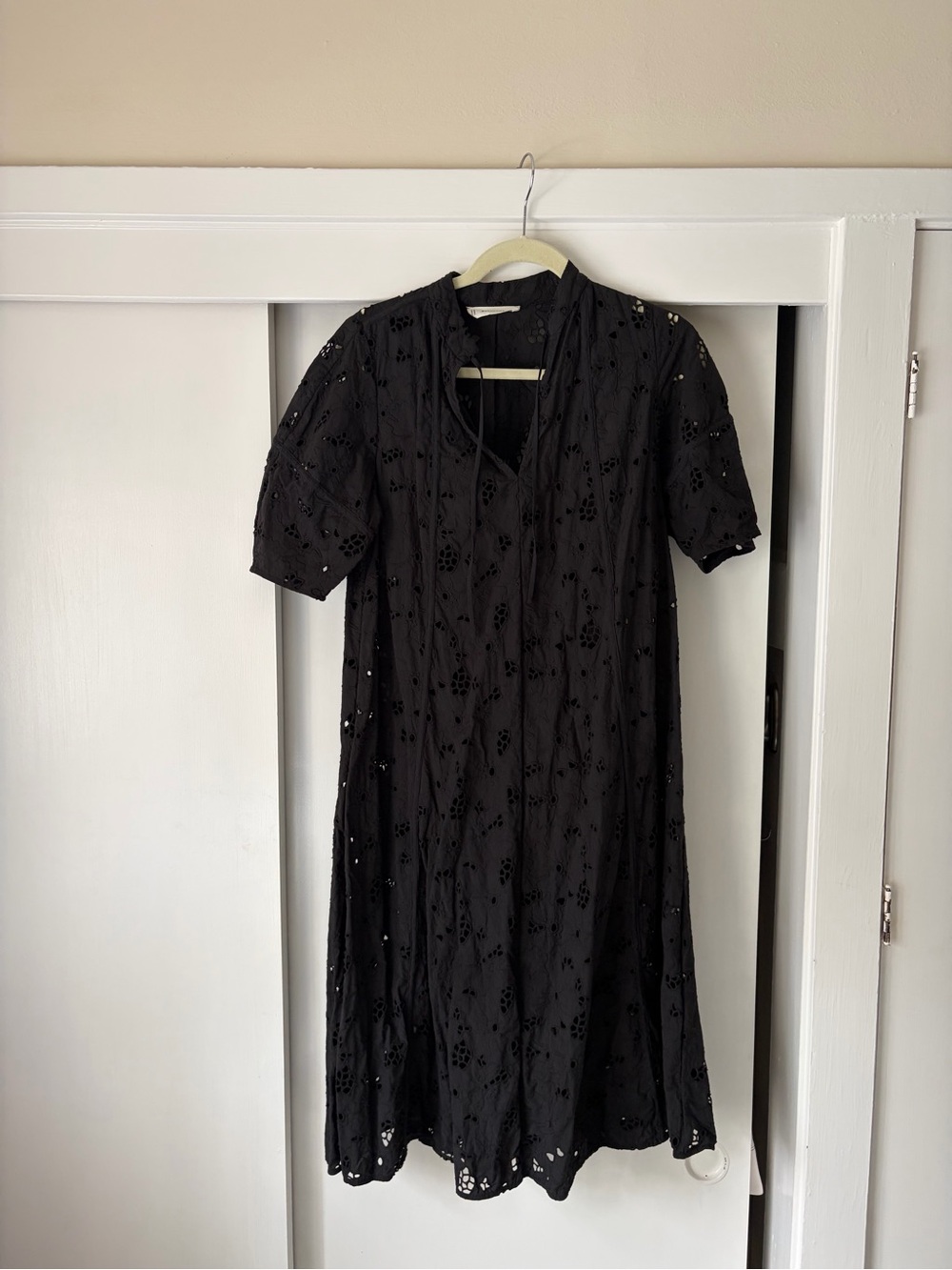 Everlane Black Eyelet Midi Dress with Tie Neck